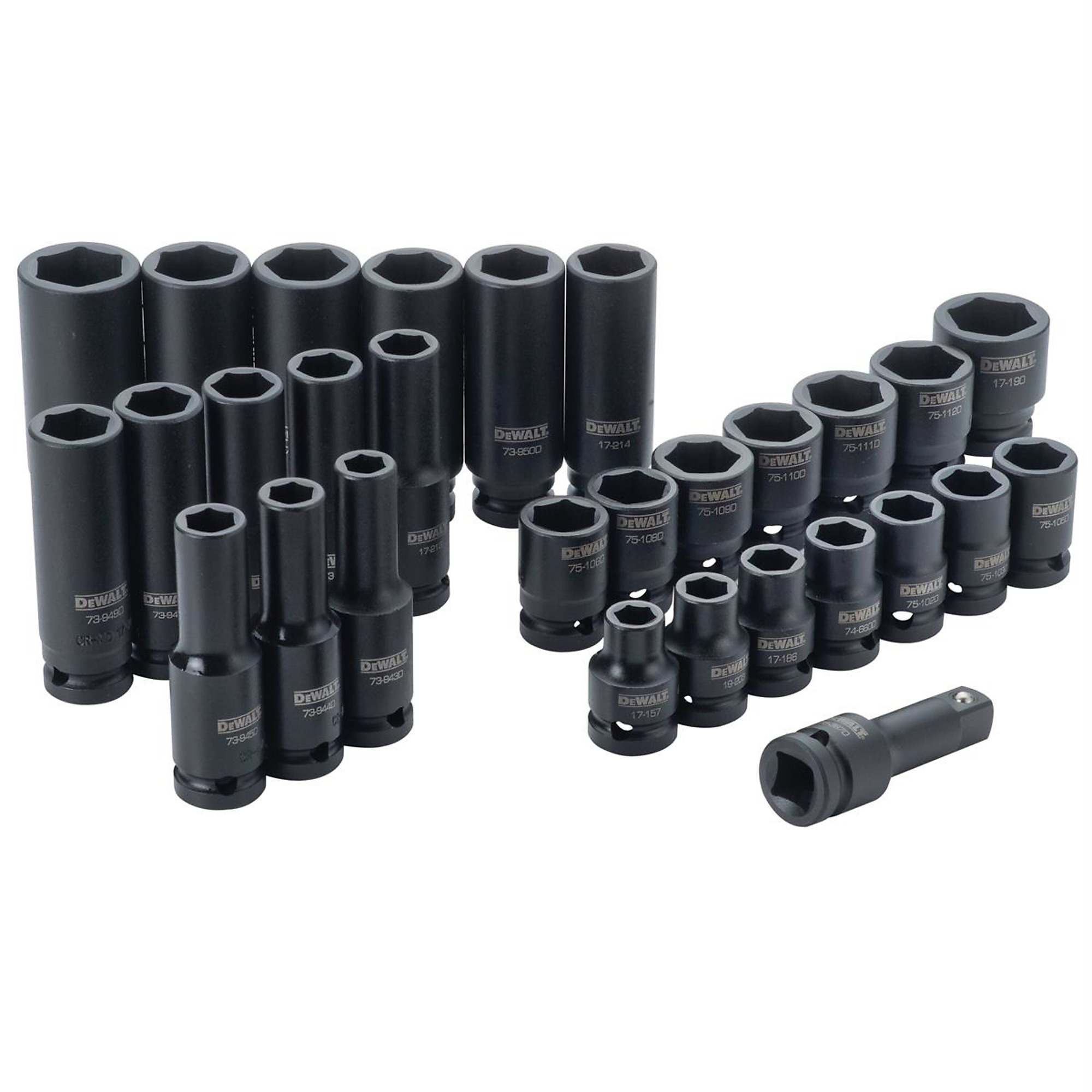 DeWalt 30-Pc 1/2in. Drive Metric 6-Point Combination Socket Set — CR-440 Steel, Laser Etched Markings, Black Oxide Coating, Model# DWTDWMT19249